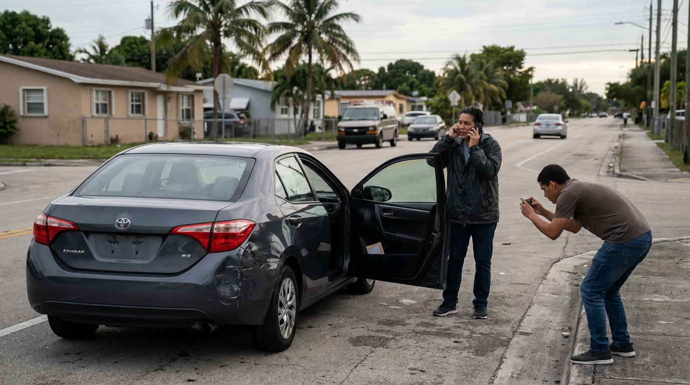Un conductor de Miami reporta un atropello y huida mientras un testigo fotografía los daños del vehículo