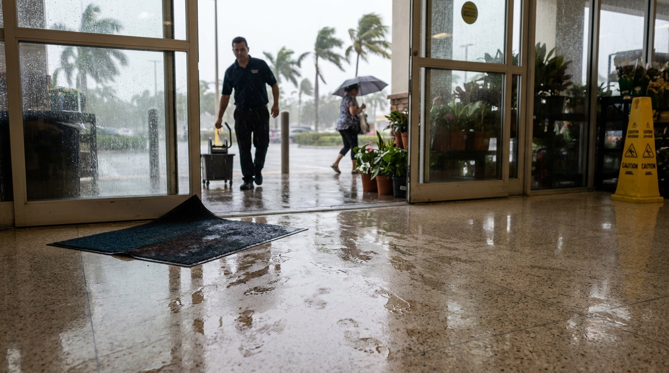 La lluvia cubre la entrada de un negocio en el sur de Florida con un cono de advertencia colocado demasiado lejos del peligro de resbalamiento